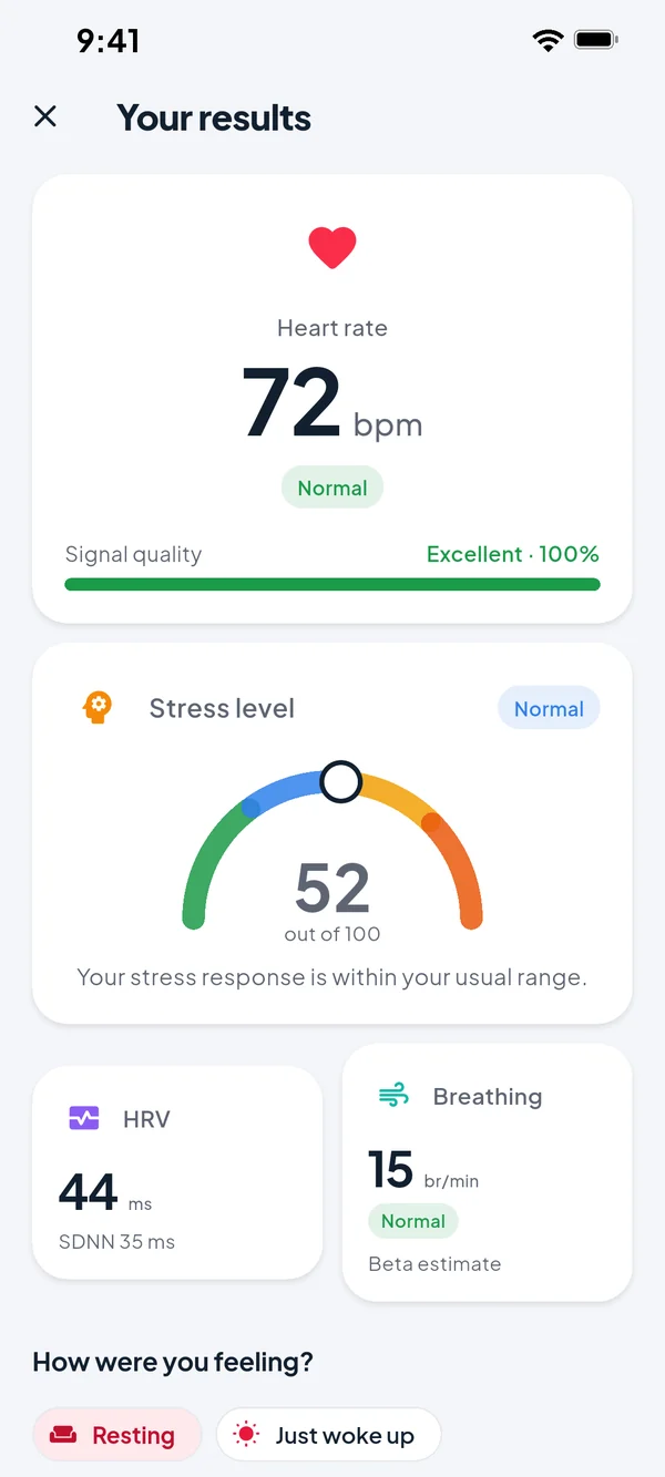 Scan results with heart rate and stress